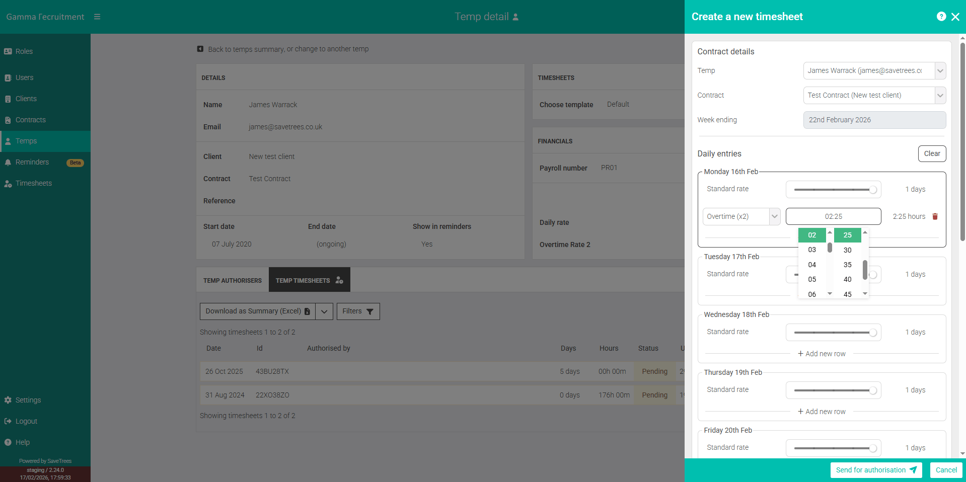 Create a new timesheet (Generic with overtime)