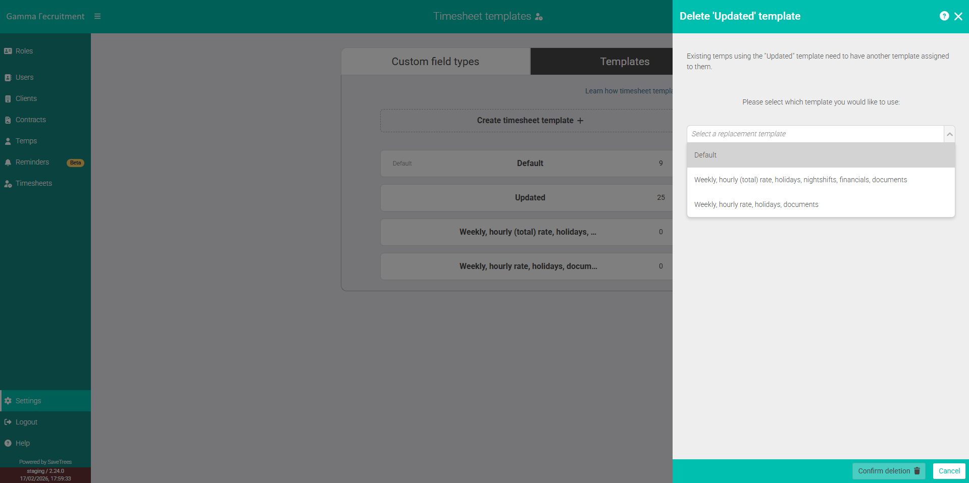 Delete a timesheet template