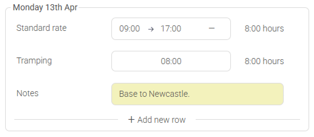 Drivers timesheet day entry