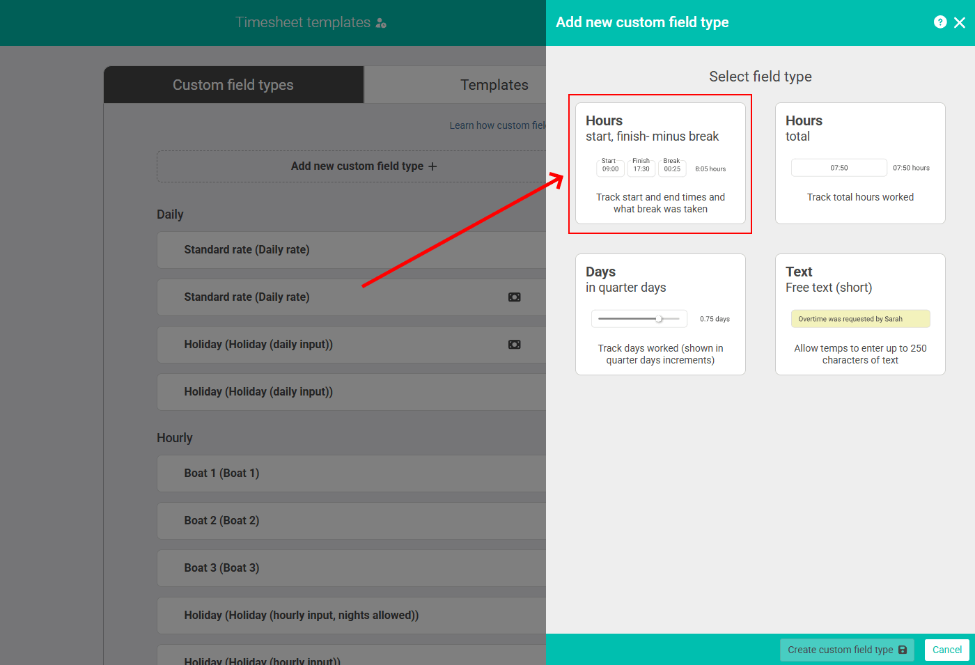 Select field type - Hours (start, finish - break)